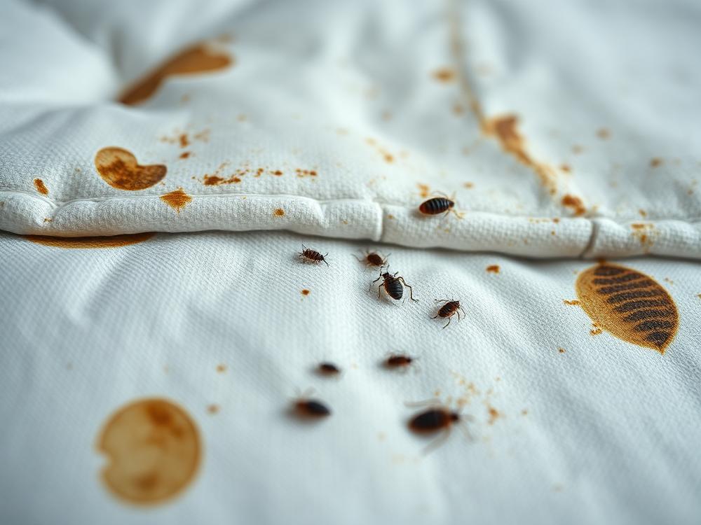Bed bugs and blood stains along the seam of a mattress
