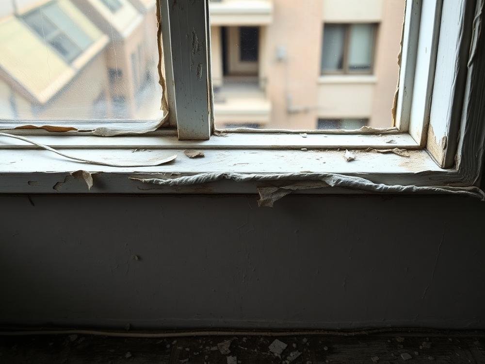 Chipping and flaking lead based paint on an old apartment window sill